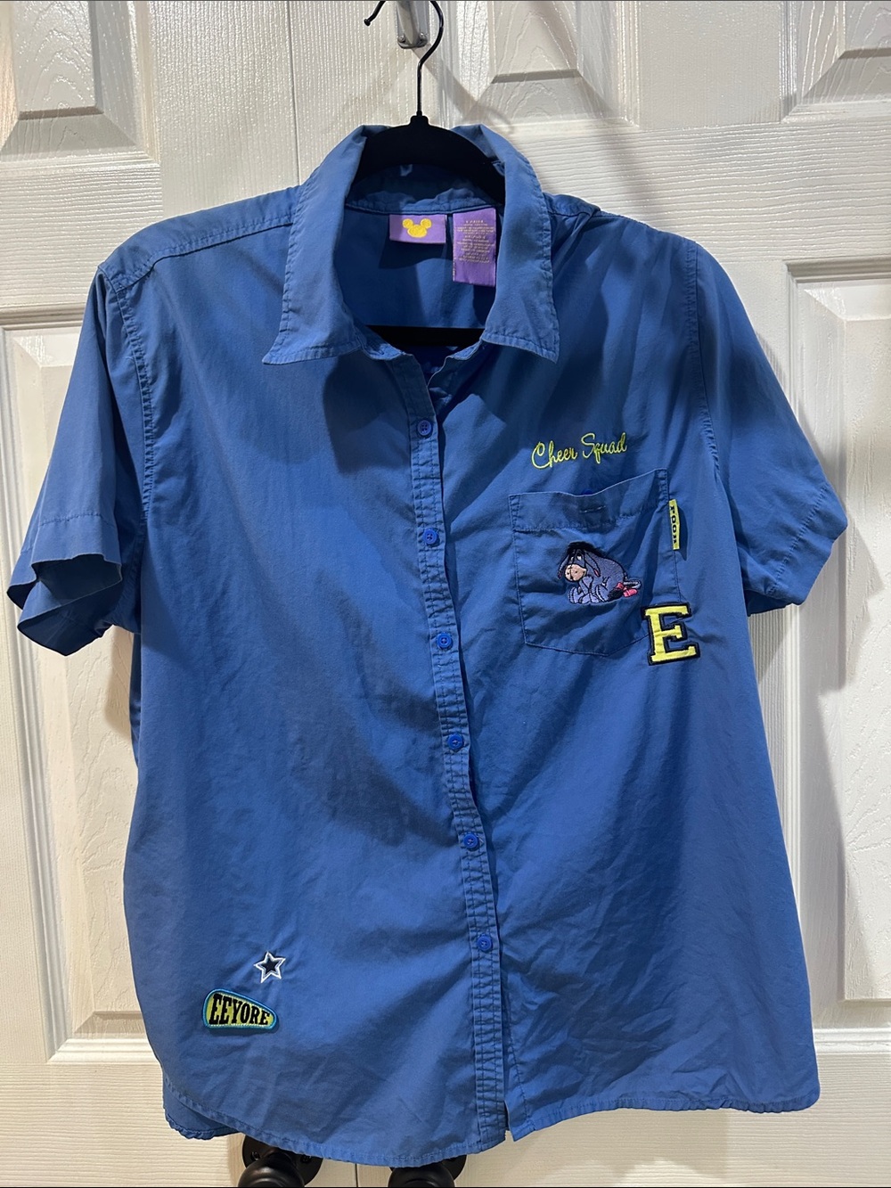 VTG Eeyore Pooh Jerry Leigh Shirt Womens Button Up Blue Disney 90s Cheer Squad L